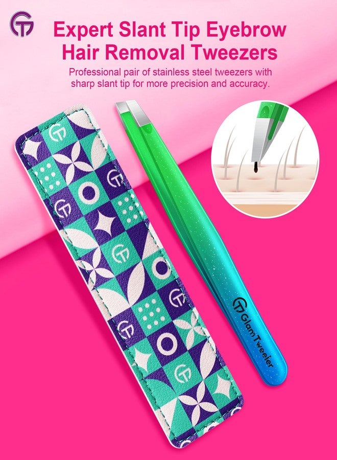 GlamTweeler ملقط خبير ذو طرف مائل مع حافظة جلدية، ملقط GlamTweeler حاد ودقيق من الفولاذ المقاوم للصدأ لإزالة الحواجب وشعر الوجه والشعر الناعم (أزرق وأخضر لامع) - Image 2